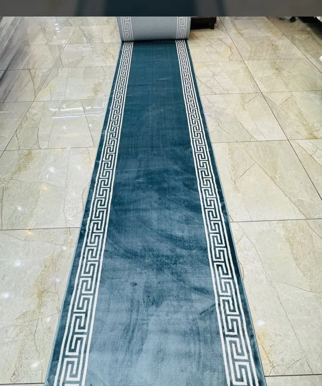 Teal Greek key border runner rolled out in a hallway