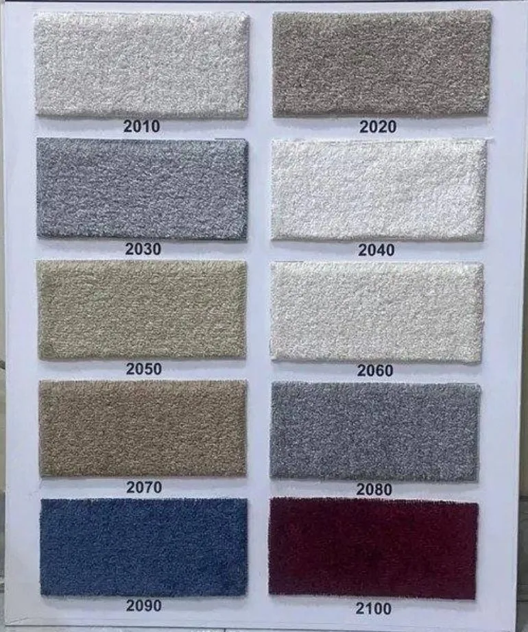 Juman plush stair carpet swatch board in ten colours from white, beige and grey to blue and burgundy