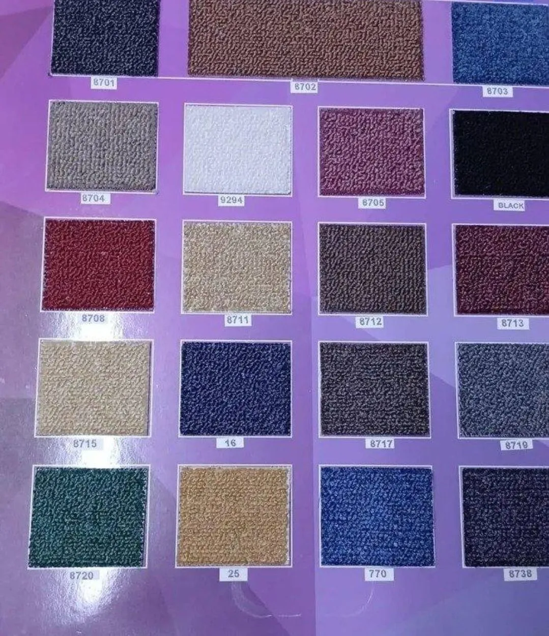 Reem loop-pile office carpet swatch board in over 19 colours including navy, red, green and black