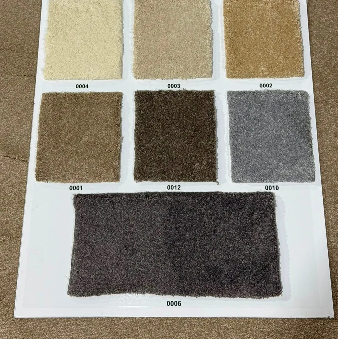 Remal plush carpet swatch board in seven colours: cream, sand beige, camel, light brown, coffee brown, silver grey and charcoal